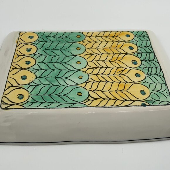 Rectangular Ceramic Trinket Dish with Yellow and Green Feathers - Picture 6 of 6